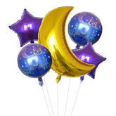 Folieballon set Eid met gouden halve manen en paarse sterren voor Eid Mubarak